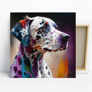Dalmatiner Hund Kunst, Leinwand oder Poster, zeitgenössische Boho Glam Dekor, Wohnzimmer Büro Schlafzimmer Eingangsbereich Kunst, mehrfarbig schwarz weiß lila Bild 1