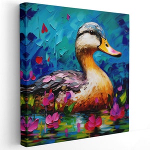 May include: A colourful painting of a duck swimming in a pond with pink flowers. The duck has a blue head and a yellow beak. The background is a vibrant blue with hints of green and purple.