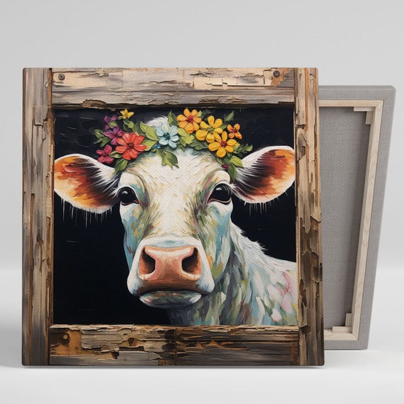 Floral Cow Wall Art, Canvas Or Poster, Cow Wall Decor, Animal Decor, Living Room Decor, Bedroom Decor, Modern Wall Decor, Farmhouse Art