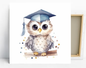 May include: Watercolor illustration of a cute owl wearing a graduation cap, perched on a branch. The owl has large, expressive eyes and is surrounded by colorful confetti. The artwork is on a white canvas.