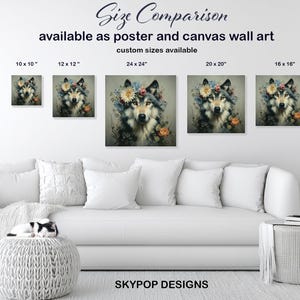 Wolf Floral Crown Art, Canvas or Poster, Rustic Farmhouse Decor, Living Room Bedroom Entryway Children Room Art,Multicolor Green Yellow Grey image 8