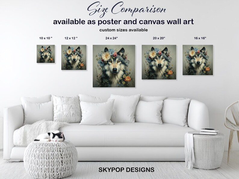 Wolf Floral Crown Art, Canvas or Poster, Rustic Farmhouse Decor, Living Room Bedroom Entryway Children Room Art,Multicolor Green Yellow Grey image 8
