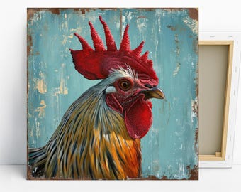 Rooster Art, Canvas or Poster, Rustic Farmhouse Decor, Living Room Kitchen Entryway Bedroom Wall Art, Teal Brown Multicolor Red
