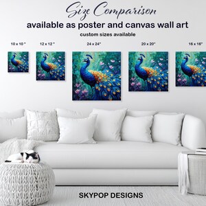 Peacock Art, Canvas or Poster, Bohemian Modern Decor, Living Room Bedroom Dining Room Entryway Wall Art, Blue Teal Gold, Bird Wall Art image 7