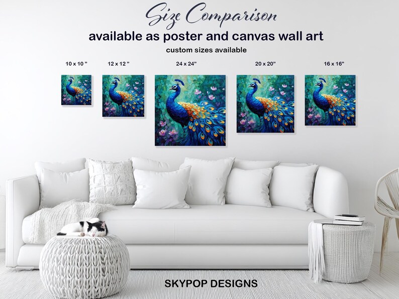 Peacock Art, Canvas or Poster, Bohemian Modern Decor, Living Room Bedroom Dining Room Entryway Wall Art, Blue Teal Gold, Bird Wall Art image 7