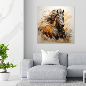 May include: A painting of a brown and black horse running through a field of brown and white paint splatters. The horse's mane is flowing in the wind.
