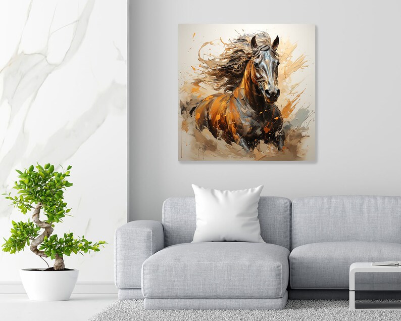 May include: A painting of a brown and black horse running through a field of brown and white paint splatters. The horse's mane is flowing in the wind.