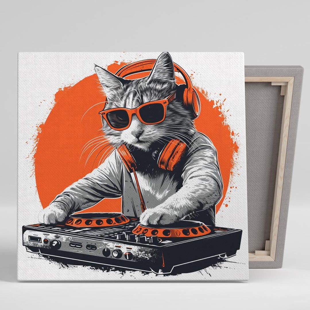DJ Cat Art, Canvas or Poster, Pop Art Music Decor, Living Room