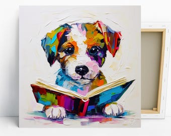 Yorkshire Terrier leyendo arte, lienzo o póster, decoración bohemia caprichosa, arte de pared para sala de estar, dormitorio infantil, multicolor, azul, amarillo y blanco