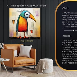 Bird Art, Poster or Canvas, Whimsical Bohemian Minimalist Decor, Living Room Bedroom Office Entryway Wall Art, Multicolor Yellow Orange Teal image 9