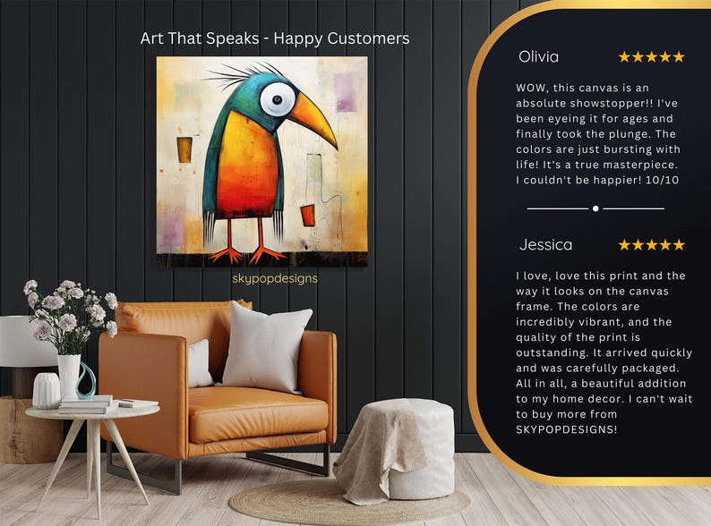 Bird Art, Poster or Canvas, Whimsical Bohemian Minimalist Decor, Living Room Bedroom Office Entryway Wall Art, Multicolor Yellow Orange Teal image 9