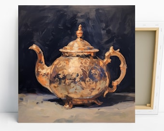 Ornate Teapot Kitchen Art, Canvas or Poster, Rustic Contemporary Decor, Living Room Dining Room Kitchen Office Art, Gold Brown Black Beige