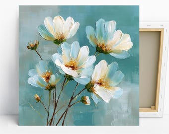 White Flowers Art, Canvas or Poster, Floral Impressionism Modern Decor, Living Room Bedroom Dining Room Wall Art, Teal White Yellow Brown