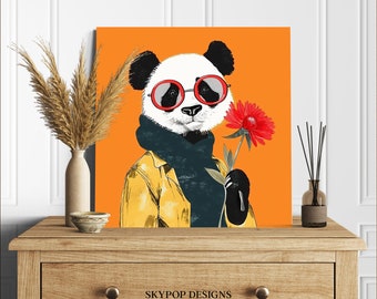Hipster Panda Flower Power Art, Canvas or Poster, Whimsical Pop