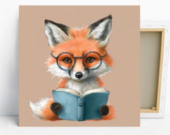 May include: A canvas print featuring a charming fox with orange fur, wearing round glasses, and reading a blue book. The fox is set against a neutral background, creating a whimsical and inviting scene. The artwork is a delightful addition to any room.