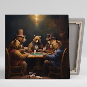 May include: Five brown bears wearing hats and suits are sitting around a table playing cards. The table is covered in green felt and has a pile of chips in the centre. The bears are all looking at the cards in their hands.