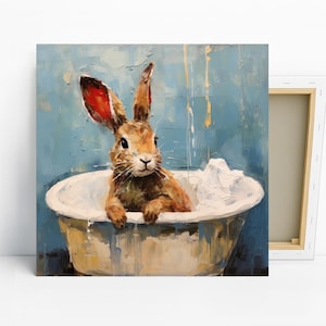 Bunny Bath Art, Canvas or Poster, Whimsical Modern Decor, Bathroom Childrens Room Bedroom Living Room Wall Art, Blue Brown White Multicolor