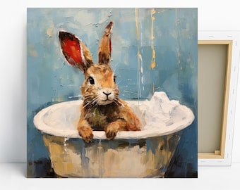 Bunny Bath Art, Canvas or Poster, Whimsical Modern Decor, Bathroom Childrens Room Bedroom Living Room Wall Art, Blue Brown White Multicolor