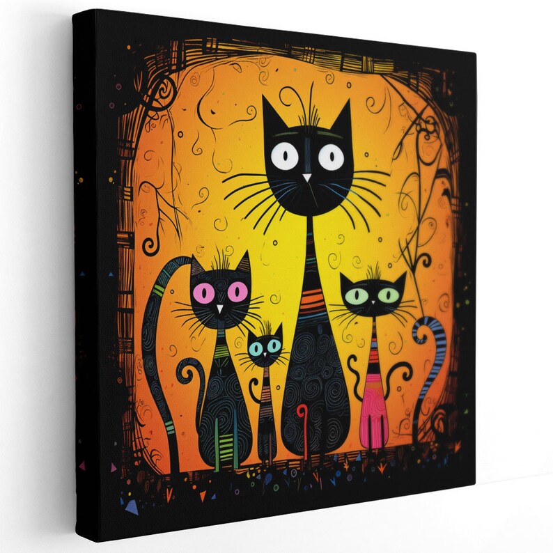 May include: A colorful painting of a family of three black cats with bright pink, blue, and green eyes. The cats are standing in front of a yellow and orange background with black swirls.