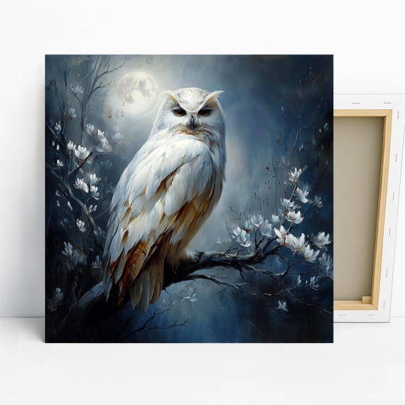 Owl Art, Canvas or Poster, Nature Animal Classic Decor, Living Room Bedroom Office Entryway Wall Art, White Blue Brown Grey