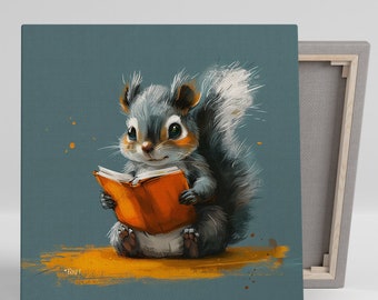 May include: A canvas print featuring a charming illustration of a gray squirrel reading a bright orange book. The squirrel is depicted with large eyes and a fluffy tail, set against a teal background with orange paint splatters. The canvas is square and has a gray frame.