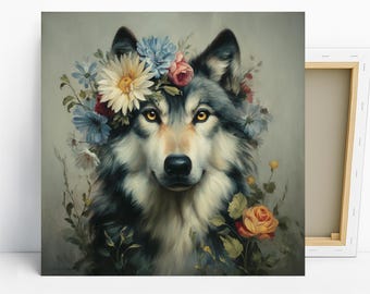 Wolf Floral Crown Art, Canvas or Poster, Rustic Farmhouse Decor, Living Room Bedroom Entryway Children Room Art,Multicolor Green Yellow Grey