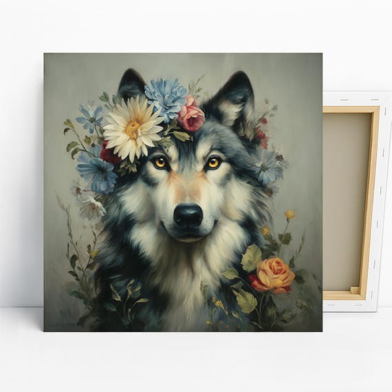 Wolf Floral Crown Art, Canvas or Poster, Rustic Farmhouse Decor, Living Room Bedroom Entryway Children Room Art,Multicolor Green Yellow Grey