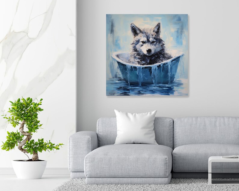 May include: A grey wolf sits in a blue bathtub, with water dripping from the sides. The wolf is looking at the viewer with a serious expression. The background is a light blue and white abstract painting.