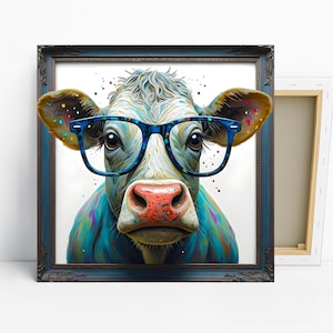 Kuh mit Brille Kunst, Leinwand oder Poster, Pop Art Boho Decor, Wohnzimmer Schlafzimmer Büro Küche Wandkunst, Multicolor Blau Weiß Pink