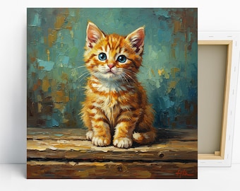 Può includere: Stampa su tela di un gattino arancione con occhi blu. Il gattino è seduto su una superficie di legno contro uno sfondo strutturato verde acqua e marrone. L'opera d'arte ha uno stile pittorico, con pennellate visibili.