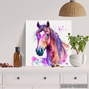 Horse Art, Canvas or Poster, Bohemian Modern Decor, Living Room Bedroom Office Wall Art, Purple Multicolor Pink Teal, Splash Animal Art image 6