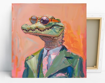 Crocodile Art, Canvas or Poster, Contemporary Pop Figurative Decor, Living Room Office Wall Art, Multicolor Orange Green Pink