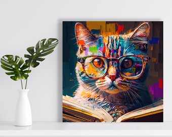 Colorful Cat Reading Art, Canvas or Poster, Pop Art Bohemian Decor