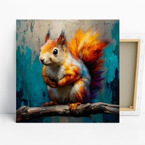 Squirrel Art, Canvas or Poster, Vibrant Bohemian Decor, Living Room Bedroom Office Wall Art, Multicolor Orange Blue Brown