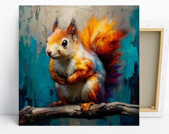 Squirrel Art, Canvas or Poster, Vibrant Bohemian Decor, Living Room Bedroom Office Wall Art, Multicolor Orange Blue Brown