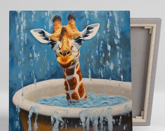 Giraffe In Bathtub, Canvas Or Poster, Bathroom Wall Art, Animal Decor, Nursery Wall Art, Bathroom Wall Decor, Giraffe Wall Hanging