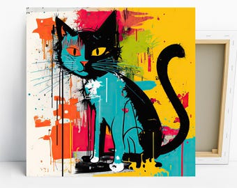 Cat Art, Canvas or Poster, Pop Art Bohemian Decor Living Room Bedroom Office Wall Art Multicolor Yellow Black Teal Gift