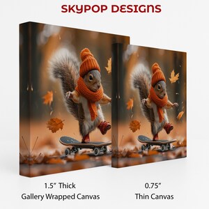 Squirrel Skateboarding Art, Canvas or Poster, Whimsical Bohemian Decor, Living Room Bedroom Office Art, Brown Orange Yellow Multicolor Art 画像 2