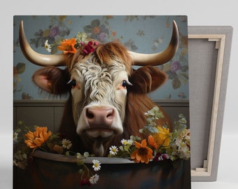 Floral Cow In Bathtub, Canva Or Poster, Abstract Cow Art, Animal Decor, Floral Cow Art, Bathtub Wall Decor, Modern Decor