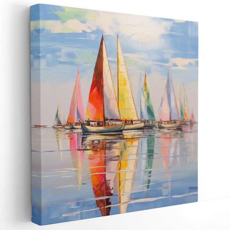 Pode incluir: Uma pintura de uma frota de veleiros com velas coloridas em um mar azul calmo. Os veleiros se refletem na &aacute;gua, criando um padr&atilde;o sim&eacute;trico.