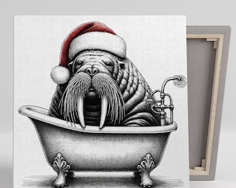 Christmas Walrus In Bathtub, Canvas Or Poster, Bathroom Decor, Bathroom Wall Art, Animal Art, Christmas Wall Art, Walrus Wall Art, Home Art