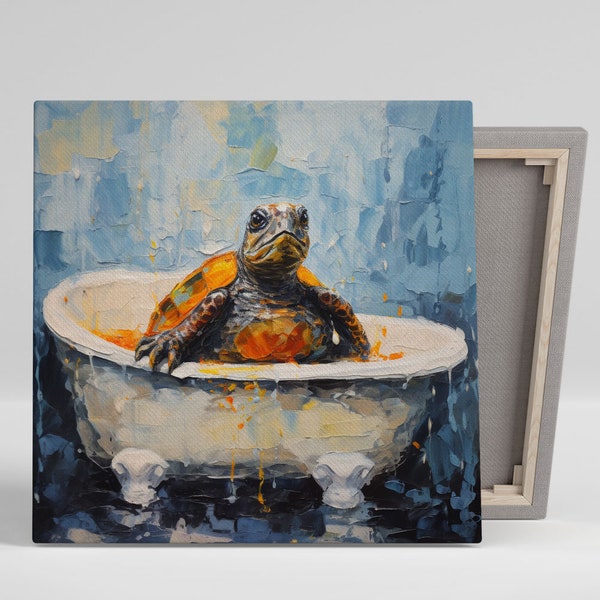 Schildpad in badkuip, canvas of poster, dierendecor, badkamermuurkunst, schildpadkunst, muurdecor, moderne muurkunst, schildpadkunst aan de muur, schildpaddecor