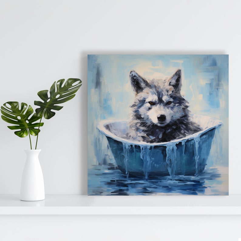 May include: A grey wolf pup sits in a blue bathtub, looking directly at the viewer. The tub is overflowing with water, and the pup is surrounded by blue water. The background is a light blue and white abstract painting.