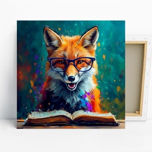 Zorro leyendo arte, póster o lienzo, decoración bohemia de estilo pop art, arte de pared para sala de estar, oficina, dormitorio, biblioteca, multicolor, verde azulado, naranja y negro