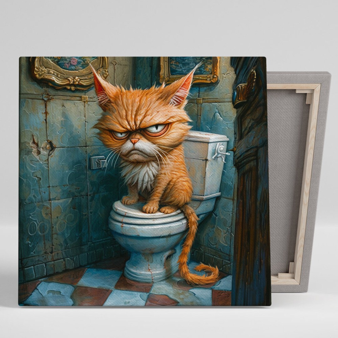 Grumpy Toilet Cat Wall Art, Canvas or Poster, Whimsical Animal