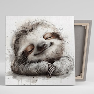 May include: A watercolour painting of a smiling sloth with its eyes closed. The sloth is lying on its stomach with its paws tucked under its chin. The background is a light grey with watercolour splatters.