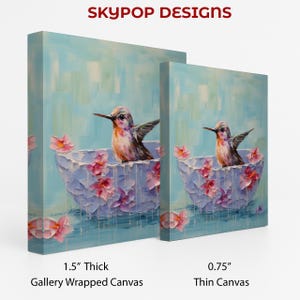 Hummingbird Art, Poster or Canvas, Whimsical Modern Bohemian Decor, Living Room Bedroom Sunroom Wall Art, Blue Pink Multicolor White image 2