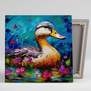 May include: A colourful painting of a duck swimming in a pond with pink flowers. The duck is painted in shades of brown, yellow, and grey, with a blue head. The pond is painted in shades of blue and green, with pink flowers scattered throughout.