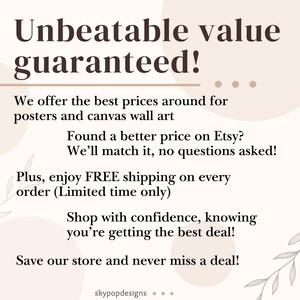 May include: A promotional graphic with the text "Unbeatable value guaranteed!" and additional text promoting posters and canvas wall art. The graphic includes a promise to match lower prices found on Etsy.