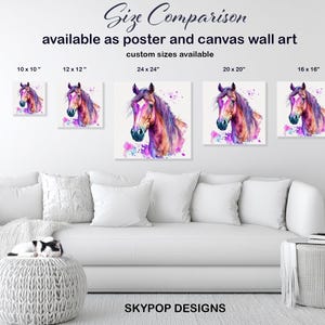 Horse Art, Canvas or Poster, Bohemian Modern Decor, Living Room Bedroom Office Wall Art, Purple Multicolor Pink Teal, Splash Animal Art image 8